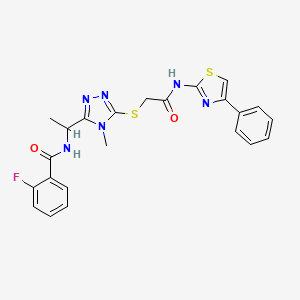 molecular formula C23H21FN6O2S2 B4209544 2-fluoro-N-[1-[4-methyl-5-[2-oxo-2-[(4-phenyl-1,3-thiazol-2-yl)amino]ethyl]sulfanyl-1,2,4-triazol-3-yl]ethyl]benzamide 