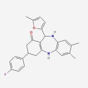 molecular formula C26H25FN2O2 B4209639 3-(4-fluorophenyl)-7,8-dimethyl-11-(5-methyl-2-furyl)-2,3,4,5,10,11-hexahydro-1H-dibenzo[b,e][1,4]diazepin-1-one 