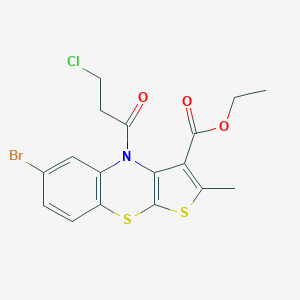 molecular formula C17H15BrClNO3S2 B420975 ethyl 6-bromo-4-(3-chloropropanoyl)-2-methyl-4H-thieno[2,3-b][1,4]benzothiazine-3-carboxylate 