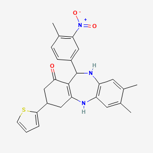 molecular formula C26H25N3O3S B4209751 7,8-dimethyl-11-(4-methyl-3-nitrophenyl)-3-(2-thienyl)-2,3,4,5,10,11-hexahydro-1H-dibenzo[b,e][1,4]diazepin-1-one 