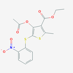 molecular formula C16H15NO6S2 B421042 Ethyl 4-(acetyloxy)-2-methyl-5-[(2-nitrophenyl)thio]thiophene-3-carboxylate 