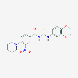 molecular formula C21H22N4O5S B4210580 N-[(2,3-dihydro-1,4-benzodioxin-6-ylamino)carbonothioyl]-3-nitro-4-(1-piperidinyl)benzamide 