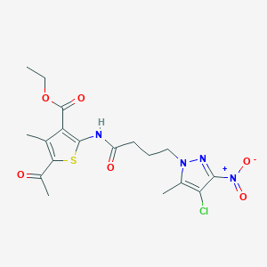 molecular formula C18H21ClN4O6S B4211374 ethyl 5-acetyl-2-{[4-(4-chloro-5-methyl-3-nitro-1H-pyrazol-1-yl)butanoyl]amino}-4-methyl-3-thiophenecarboxylate 