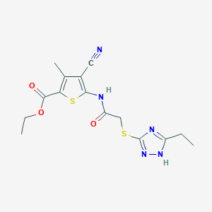 molecular formula C15H17N5O3S2 B4211438 ethyl 4-cyano-5-({[(5-ethyl-4H-1,2,4-triazol-3-yl)thio]acetyl}amino)-3-methyl-2-thiophenecarboxylate 