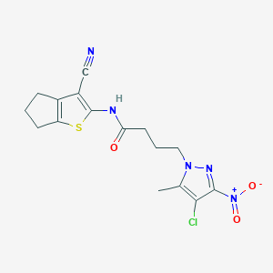 molecular formula C16H16ClN5O3S B4211729 4-(4-Chloro-5-methyl-3-nitro-1H-pyrazol-1-YL)-N-{3-cyano-4H,5H,6H-cyclopenta[B]thiophen-2-YL}butanamide 