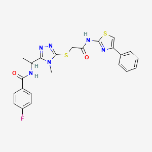 molecular formula C23H21FN6O2S2 B4212573 4-fluoro-N-[1-[4-methyl-5-[2-oxo-2-[(4-phenyl-1,3-thiazol-2-yl)amino]ethyl]sulfanyl-1,2,4-triazol-3-yl]ethyl]benzamide 