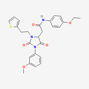 N-(4-Ethoxyphenyl)-2-[1-(3-methoxyphenyl)-2,5-dioxo-3-[2-(thiophen-2-YL)ethyl]imidazolidin-4-YL]acetamide