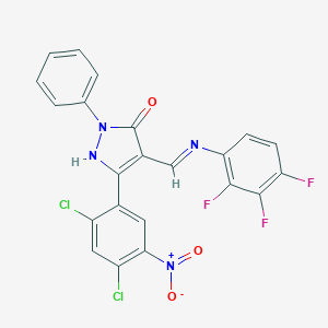 molecular formula C22H11Cl2F3N4O3 B421560 5-{2,4-dichloro-5-nitrophenyl}-2-phenyl-4-[(2,3,4-trifluoroanilino)methylene]-2,4-dihydro-3H-pyrazol-3-one 