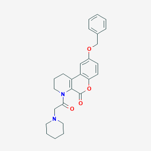 molecular formula C26H28N2O4 B421650 4-[1-oxo-2-(1-piperidinyl)ethyl]-9-phenylmethoxy-2,3-dihydro-1H-[1]benzopyrano[3,4-b]pyridin-5-one 