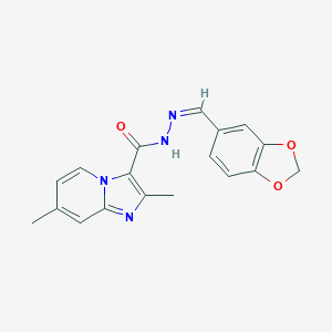 molecular formula C18H16N4O3 B421712 N'-(1,3-benzodioxol-5-ylmethylene)-2,7-dimethylimidazo[1,2-a]pyridine-3-carbohydrazide CAS No. 352555-85-2
