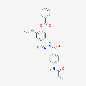molecular formula C26H25N3O5 B421736 2-Ethoxy-4-{2-[4-(propionylamino)benzoyl]carbohydrazonoyl}phenyl benzoate 