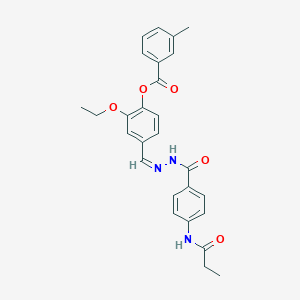 molecular formula C27H27N3O5 B421745 2-Ethoxy-4-{2-[4-(propionylamino)benzoyl]carbohydrazonoyl}phenyl 3-methylbenzoate 