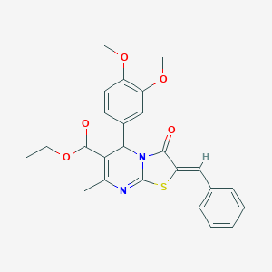 molecular formula C25H24N2O5S B421758 ethyl 2-benzylidene-5-(3,4-dimethoxyphenyl)-7-methyl-3-oxo-2,3-dihydro-5H-[1,3]thiazolo[3,2-a]pyrimidine-6-carboxylate 