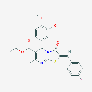 molecular formula C25H23FN2O5S B421761 ethyl (2Z)-5-(3,4-dimethoxyphenyl)-2-(4-fluorobenzylidene)-7-methyl-3-oxo-2,3-dihydro-5H-[1,3]thiazolo[3,2-a]pyrimidine-6-carboxylate 