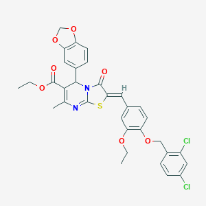 molecular formula C33H28Cl2N2O7S B421762 ethyl (2Z)-5-(1,3-benzodioxol-5-yl)-2-{4-[(2,4-dichlorobenzyl)oxy]-3-ethoxybenzylidene}-7-methyl-3-oxo-2,3-dihydro-5H-[1,3]thiazolo[3,2-a]pyrimidine-6-carboxylate 