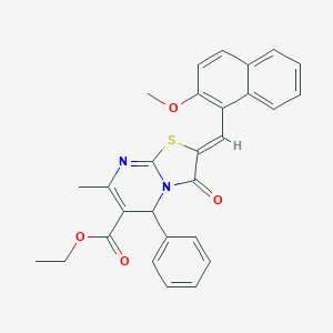 molecular formula C28H24N2O4S B421763 ethyl 2-[(2-methoxy-1-naphthyl)methylene]-7-methyl-3-oxo-5-phenyl-2,3-dihydro-5H-[1,3]thiazolo[3,2-a]pyrimidine-6-carboxylate 