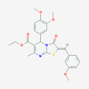 molecular formula C26H26N2O6S B421766 ethyl (2Z)-5-(3,4-dimethoxyphenyl)-2-(3-methoxybenzylidene)-7-methyl-3-oxo-2,3-dihydro-5H-[1,3]thiazolo[3,2-a]pyrimidine-6-carboxylate 
