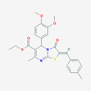 molecular formula C26H26N2O5S B421768 ethyl 5-(3,4-dimethoxyphenyl)-7-methyl-2-(4-methylbenzylidene)-3-oxo-2,3-dihydro-5H-[1,3]thiazolo[3,2-a]pyrimidine-6-carboxylate 