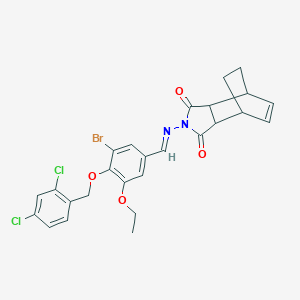 molecular formula C26H23BrCl2N2O4 B421777 2-{[(E)-{3-bromo-4-[(2,4-dichlorobenzyl)oxy]-5-ethoxyphenyl}methylidene]amino}-3a,4,7,7a-tetrahydro-1H-4,7-ethanoisoindole-1,3(2H)-dione 