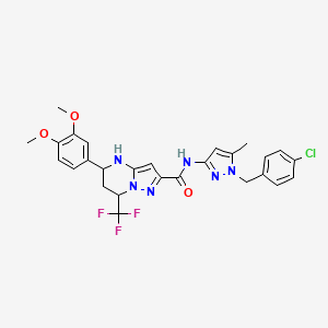 molecular formula C27H26ClF3N6O3 B4217773 N-[1-(4-chlorobenzyl)-5-methyl-1H-pyrazol-3-yl]-5-(3,4-dimethoxyphenyl)-7-(trifluoromethyl)-4,5,6,7-tetrahydropyrazolo[1,5-a]pyrimidine-2-carboxamide 