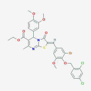 molecular formula C33H29BrCl2N2O7S B421790 ethyl (2Z)-2-{3-bromo-4-[(2,4-dichlorobenzyl)oxy]-5-methoxybenzylidene}-5-(3,4-dimethoxyphenyl)-7-methyl-3-oxo-2,3-dihydro-5H-[1,3]thiazolo[3,2-a]pyrimidine-6-carboxylate 