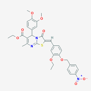 molecular formula C34H33N3O9S B421793 ethyl 5-(3,4-dimethoxyphenyl)-2-[3-ethoxy-4-({4-nitrobenzyl}oxy)benzylidene]-7-methyl-3-oxo-2,3-dihydro-5H-[1,3]thiazolo[3,2-a]pyrimidine-6-carboxylate 