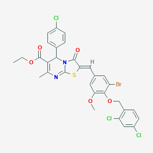 molecular formula C31H24BrCl3N2O5S B421797 ethyl (2Z)-2-{3-bromo-4-[(2,4-dichlorobenzyl)oxy]-5-methoxybenzylidene}-5-(4-chlorophenyl)-7-methyl-3-oxo-2,3-dihydro-5H-[1,3]thiazolo[3,2-a]pyrimidine-6-carboxylate 