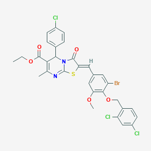 molecular formula C31H24BrCl3N2O5S B421797 ETHYL (2Z)-2-({3-BROMO-4-[(2,4-DICHLOROPHENYL)METHOXY]-5-METHOXYPHENYL}METHYLIDENE)-5-(4-CHLOROPHENYL)-7-METHYL-3-OXO-2H,3H,5H-[1,3]THIAZOLO[3,2-A]PYRIMIDINE-6-CARBOXYLATE 