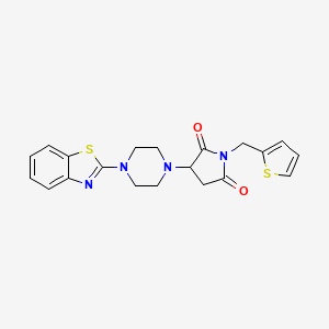 molecular formula C20H20N4O2S2 B4217976 3-[4-(1,3-Benzothiazol-2-yl)piperazin-1-yl]-1-(thiophen-2-ylmethyl)pyrrolidine-2,5-dione 