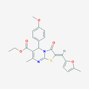 molecular formula C23H22N2O5S B421807 ethyl 5-(4-methoxyphenyl)-7-methyl-2-[(5-methyl-2-furyl)methylene]-3-oxo-2,3-dihydro-5H-[1,3]thiazolo[3,2-a]pyrimidine-6-carboxylate 