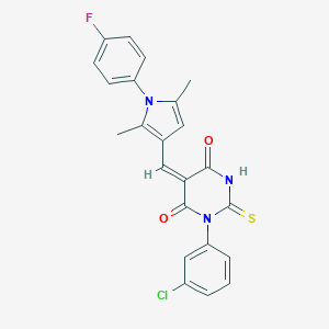 molecular formula C23H17ClFN3O2S B421834 1-(3-chlorophenyl)-5-{[1-(4-fluorophenyl)-2,5-dimethyl-1H-pyrrol-3-yl]methylene}-2-thioxodihydro-4,6(1H,5H)-pyrimidinedione 