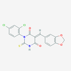 molecular formula C18H10Cl2N2O4S B421836 5-(1,3-benzodioxol-5-ylmethylene)-1-(2,4-dichlorophenyl)-2-thioxodihydro-4,6(1H,5H)-pyrimidinedione 