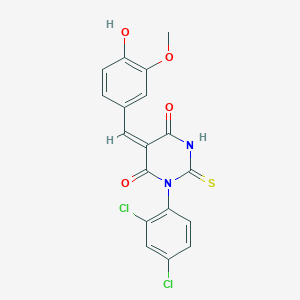 molecular formula C18H12Cl2N2O4S B421840 1-(2,4-dichlorophenyl)-5-(4-hydroxy-3-methoxybenzylidene)-2-thioxodihydro-4,6(1H,5H)-pyrimidinedione 