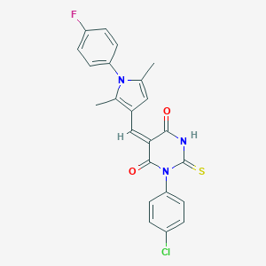 molecular formula C23H17ClFN3O2S B421843 1-(4-chlorophenyl)-5-{[1-(4-fluorophenyl)-2,5-dimethyl-1H-pyrrol-3-yl]methylene}-2-thioxodihydro-4,6(1H,5H)-pyrimidinedione 