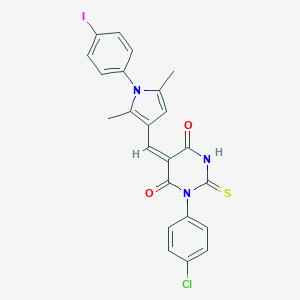molecular formula C23H17ClIN3O2S B421844 1-(4-chlorophenyl)-5-{[1-(4-iodophenyl)-2,5-dimethyl-1H-pyrrol-3-yl]methylene}-2-thioxodihydro-4,6(1H,5H)-pyrimidinedione 