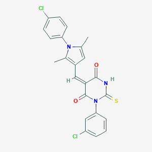 molecular formula C23H17Cl2N3O2S B421845 1-(3-chlorophenyl)-5-{[1-(4-chlorophenyl)-2,5-dimethyl-1H-pyrrol-3-yl]methylene}-2-thioxodihydro-4,6(1H,5H)-pyrimidinedione 