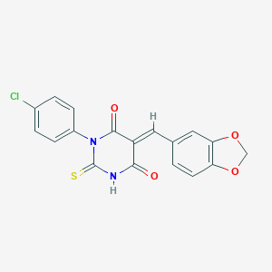 molecular formula C18H11ClN2O4S B421847 5-(1,3-benzodioxol-5-ylmethylene)-1-(4-chlorophenyl)-2-thioxodihydro-4,6(1H,5H)-pyrimidinedione CAS No. 5669-83-0