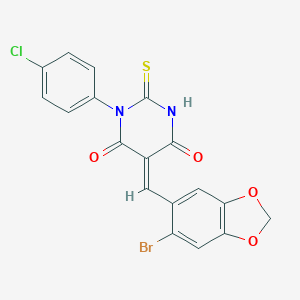 molecular formula C18H10BrClN2O4S B421848 (5E)-5-[(6-bromo-1,3-benzodioxol-5-yl)methylidene]-1-(4-chlorophenyl)-2-thioxodihydropyrimidine-4,6(1H,5H)-dione 