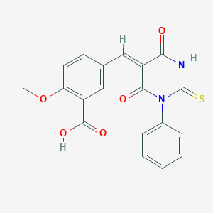 molecular formula C19H14N2O5S B421864 5-[(Z)-(4,6-dioxo-1-phenyl-2-thioxotetrahydropyrimidin-5(2H)-ylidene)methyl]-2-methoxybenzoic acid 