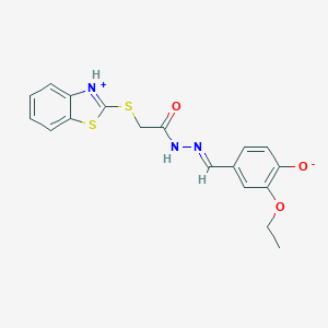 molecular formula C18H17N3O3S2 B421914 4-[(E)-{2-[(1,3-benzothiazol-3-ium-2-ylsulfanyl)acetyl]hydrazinylidene}methyl]-2-ethoxyphenolate CAS No. 352558-85-1