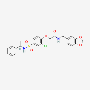 molecular formula C24H23ClN2O6S B4219399 N-(1,3-benzodioxol-5-ylmethyl)-2-[2-chloro-4-(1-phenylethylsulfamoyl)phenoxy]acetamide 