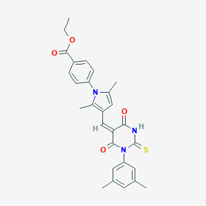 molecular formula C28H27N3O4S B421990 ethyl 4-{3-[(1-(3,5-dimethylphenyl)-4,6-dioxo-2-thioxotetrahydro-5(2H)-pyrimidinylidene)methyl]-2,5-dimethyl-1H-pyrrol-1-yl}benzoate 