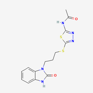 molecular formula C14H15N5O2S2 B4219986 N-(5-((3-(2-Oxo-2,3-dihydro-1H-benzo[d]imidazol-1-yl)propyl)thio)-1,3,4-thiadiazol-2-yl)acetamide 