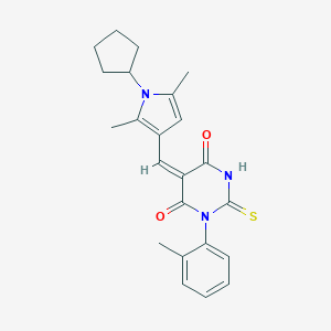 molecular formula C23H25N3O2S B422057 5-[(1-cyclopentyl-2,5-dimethyl-1H-pyrrol-3-yl)methylene]-1-(2-methylphenyl)-2-thioxodihydro-4,6(1H,5H)-pyrimidinedione 