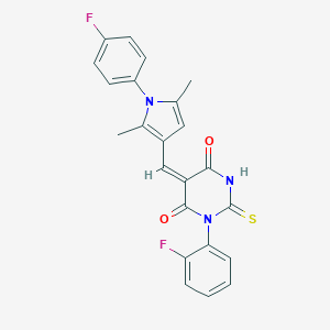 molecular formula C23H17F2N3O2S B422092 (5E)-1-(2-FLUOROPHENYL)-5-{[1-(4-FLUOROPHENYL)-2,5-DIMETHYL-1H-PYRROL-3-YL]METHYLIDENE}-2-SULFANYLIDENE-1,3-DIAZINANE-4,6-DIONE 