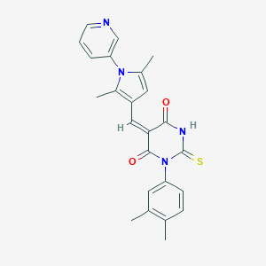 molecular formula C24H22N4O2S B422102 (5E)-1-(3,4-dimethylphenyl)-5-[(2,5-dimethyl-1-pyridin-3-ylpyrrol-3-yl)methylidene]-2-sulfanylidene-1,3-diazinane-4,6-dione CAS No. 6185-61-1