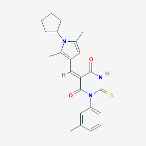 molecular formula C23H25N3O2S B422127 5-[(1-cyclopentyl-2,5-dimethyl-1H-pyrrol-3-yl)methylene]-1-(3-methylphenyl)-2-thioxodihydro-4,6(1H,5H)-pyrimidinedione 