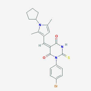 molecular formula C22H22BrN3O2S B422134 1-(4-bromophenyl)-5-[(1-cyclopentyl-2,5-dimethyl-1H-pyrrol-3-yl)methylene]-2-thioxodihydro-4,6(1H,5H)-pyrimidinedione 