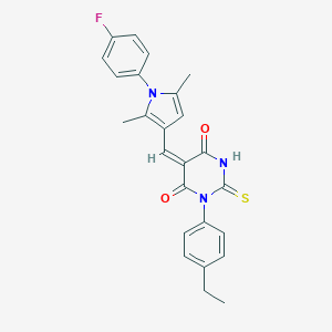 molecular formula C25H22FN3O2S B422144 1-(4-ethylphenyl)-5-{[1-(4-fluorophenyl)-2,5-dimethyl-1H-pyrrol-3-yl]methylene}-2-thioxodihydro-4,6(1H,5H)-pyrimidinedione 