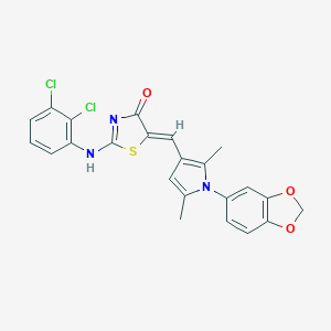 molecular formula C23H17Cl2N3O3S B422151 (5Z)-5-[[1-(1,3-benzodioxol-5-yl)-2,5-dimethylpyrrol-3-yl]methylidene]-2-(2,3-dichloroanilino)-1,3-thiazol-4-one 